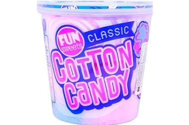 A tub of fun classic cotton candy on a white background