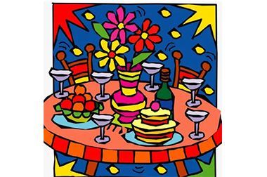 A colorful drawing of a table with a vase of flowers on it.
