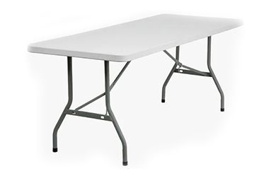 A white folding table with metal legs on a white background.