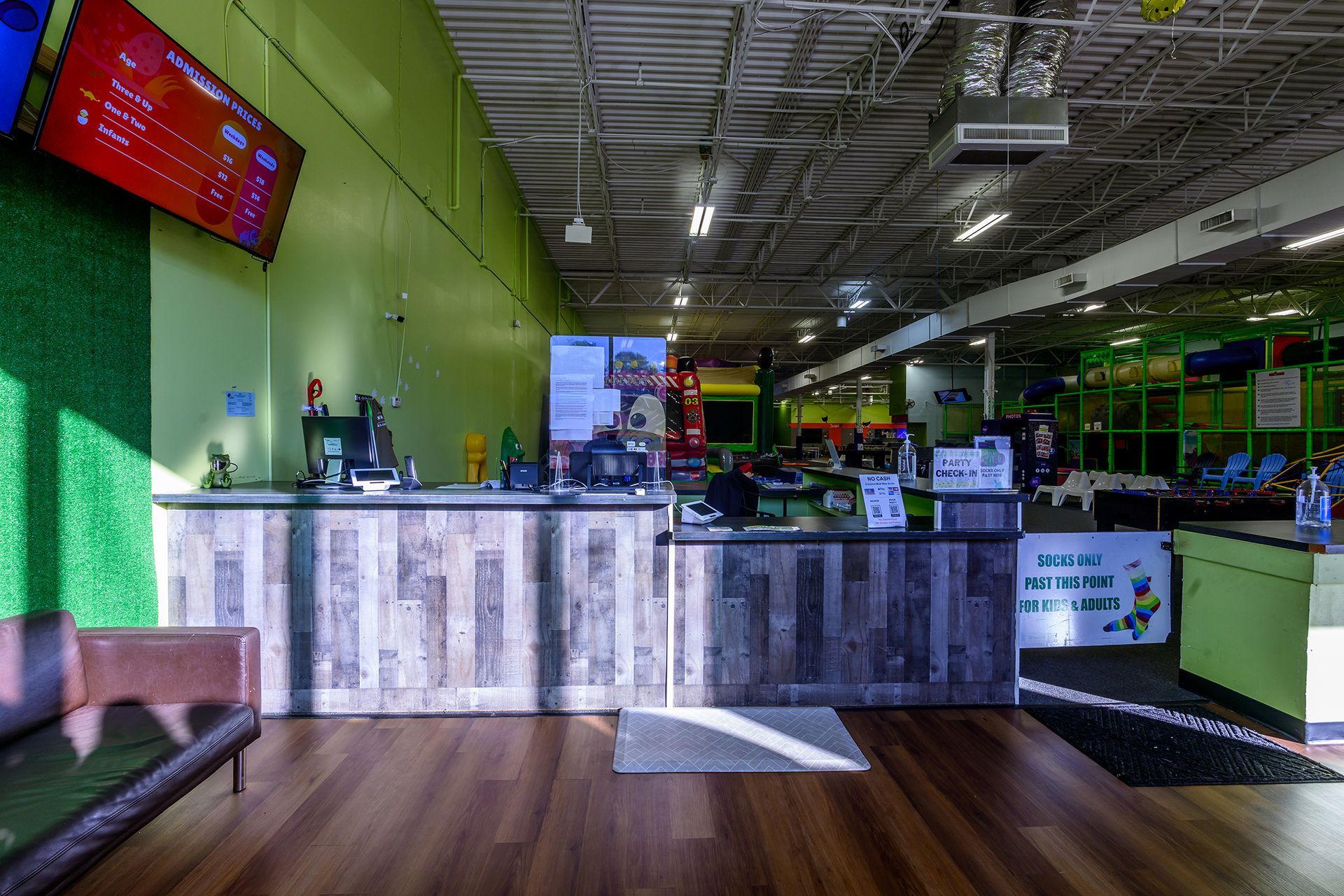Reception area of an indoor play center.