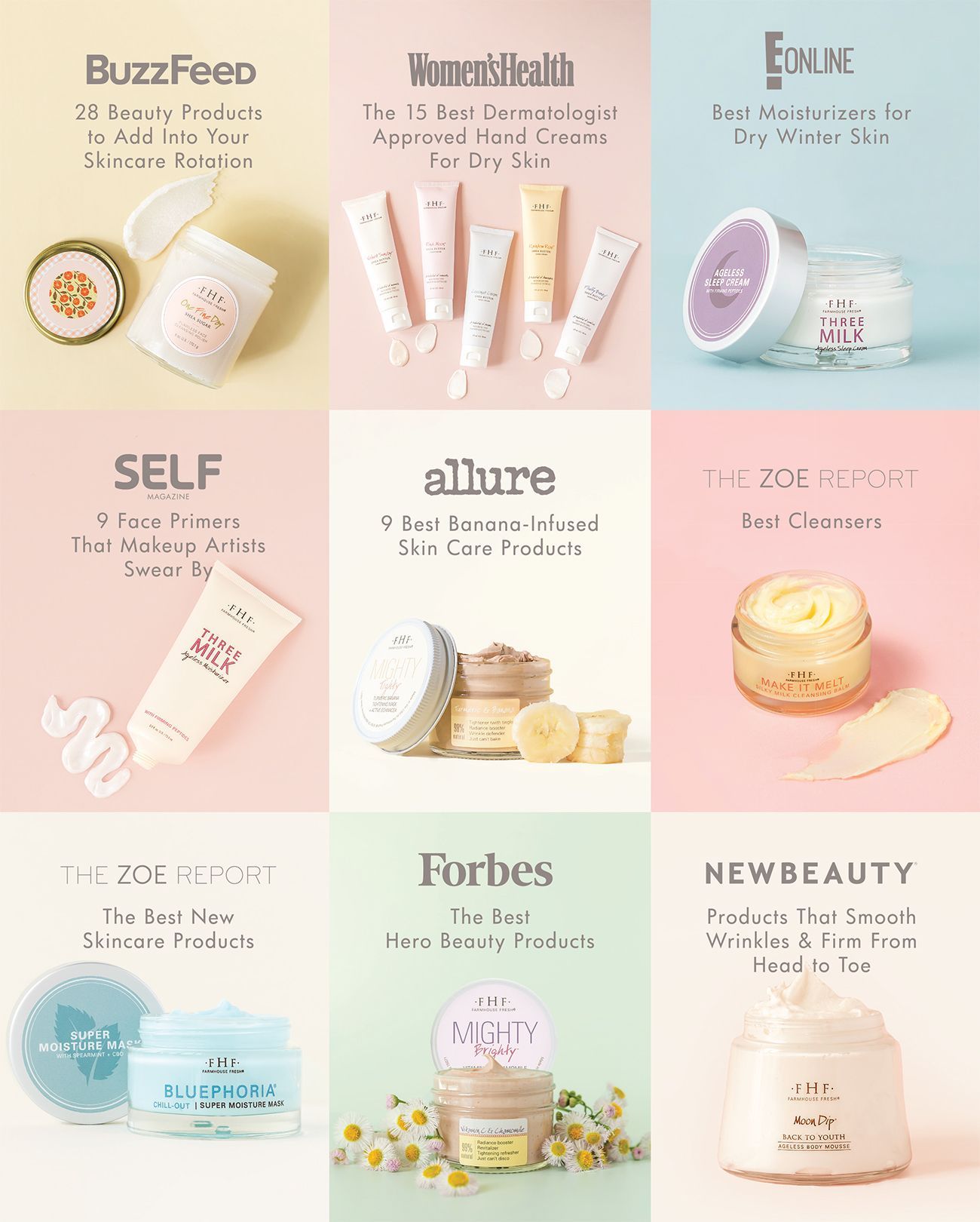 Cosmetics products featured in various publications like BuzzFeed, Women's Health, and Forbes.