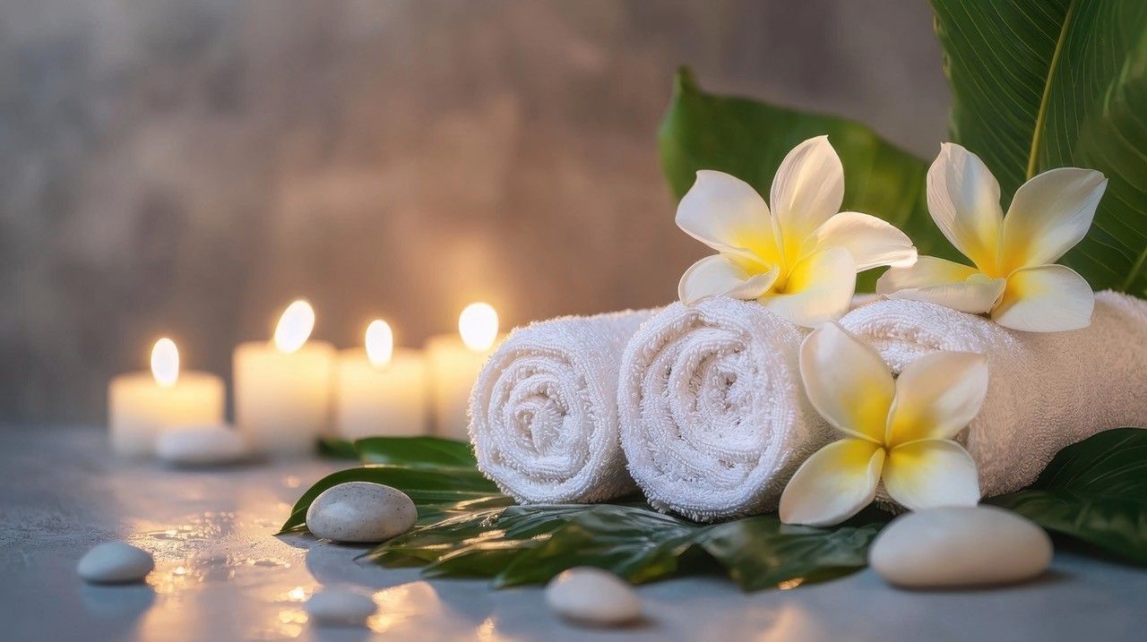 There are candles and flowers on the table.