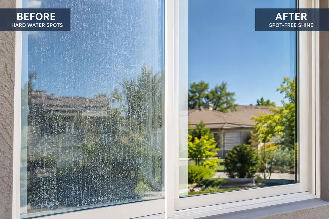 Before-and-after window cleaning: dirty glass on left, clear view of a house and trees on right.