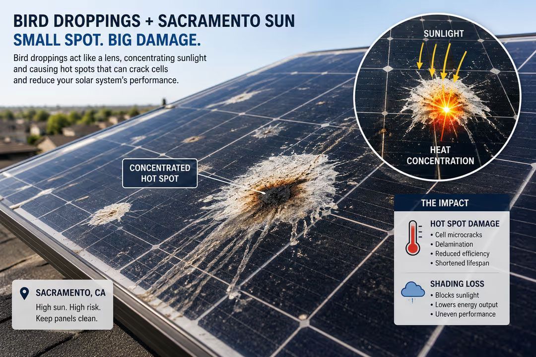 Solar panels with bird droppings and a broken cell under bright sunlight on a rooftop