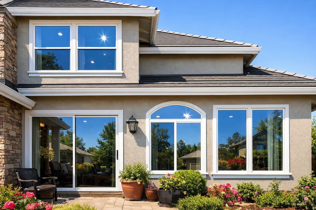 Modern two-story house exterior with stucco walls, large windows, and a landscaped front entry