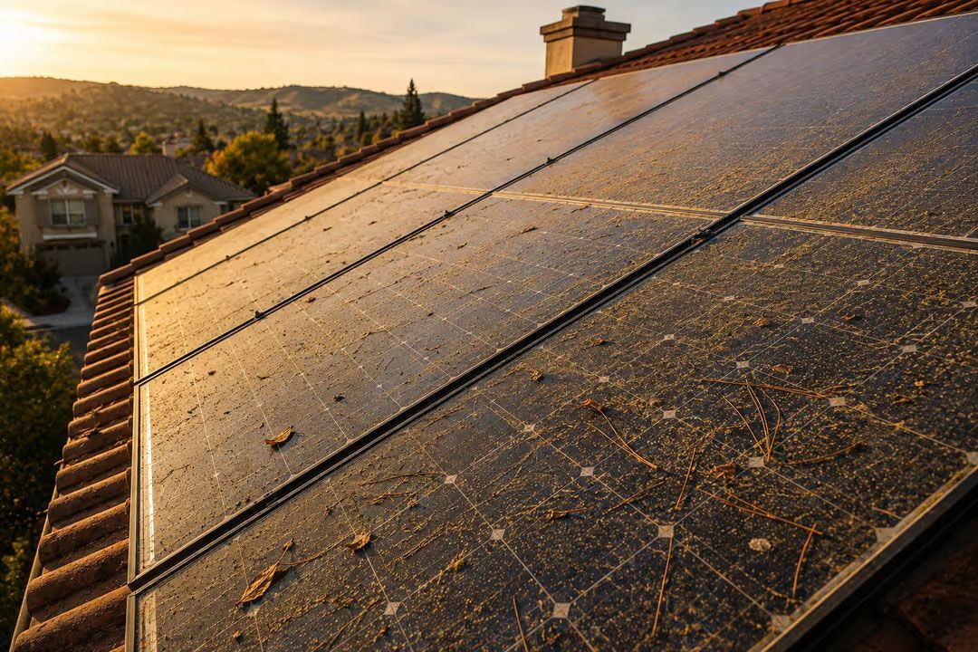 Sunlit solar panels covered in dew on a rooftop at sunrise