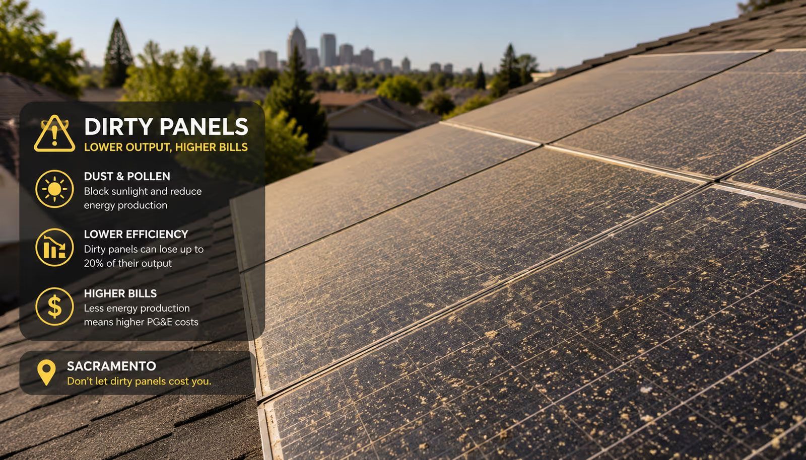 Solar panels with dirt and dust buildup on a rooftop at sunset, highlighting cleaning service benefits.