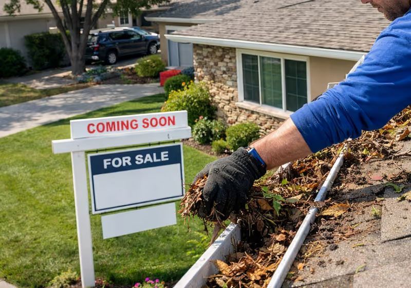 Hand placing a red-and-white “Coming Soon” sign in a front yard with a “For Sale” sign nearby.