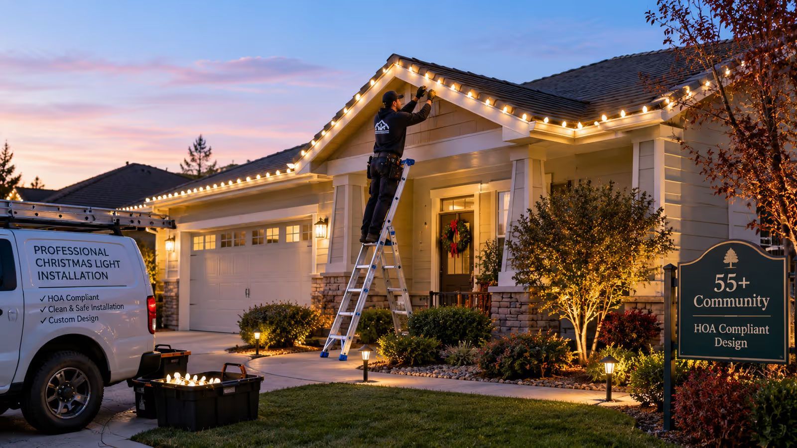 Worker on ladder decorating a house with Christmas lights at dusk, van parked in driveway