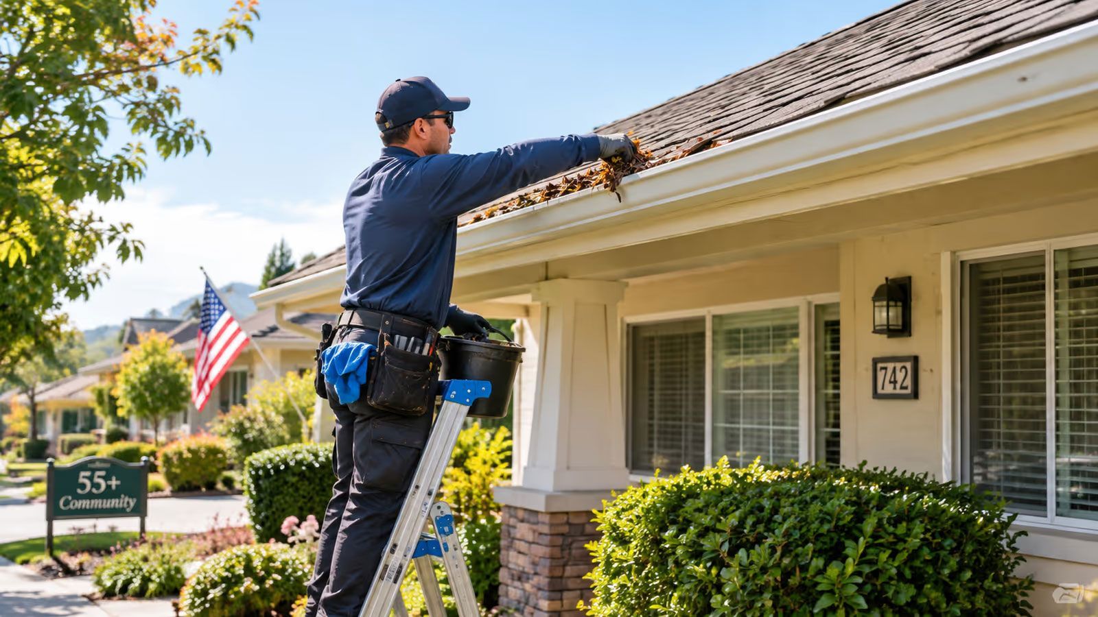 Worker cleaning rain gutters on a suburban house roof beside an American flag and front yard