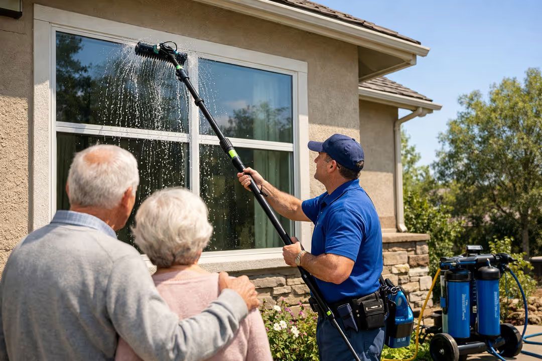 Window cleaner washing a house window with a long pole beside two people and a cleaning cart