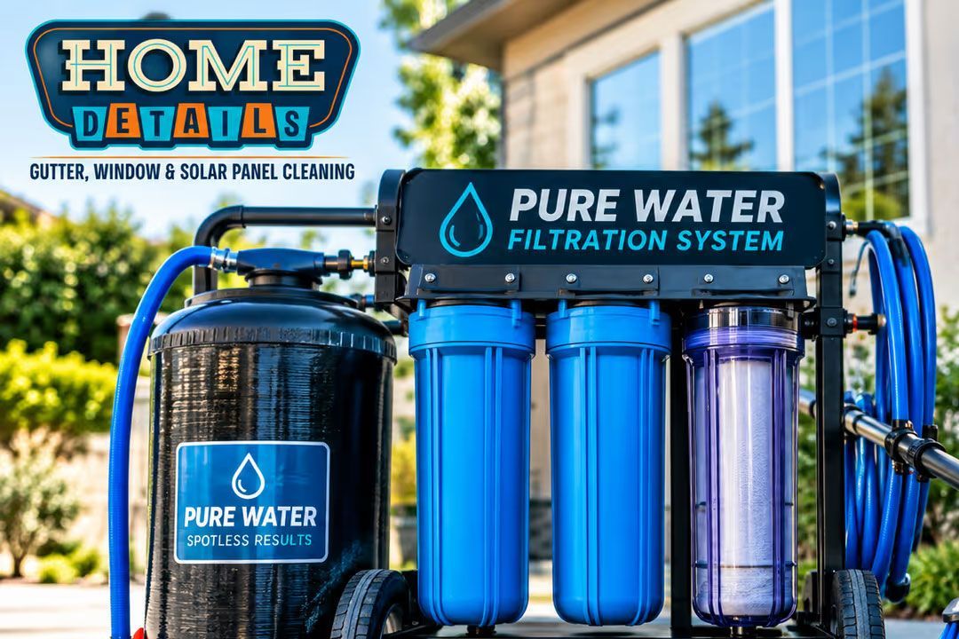 Blue Pure Water filtration system tanks and filters installed outside a home with Home Depot logo above