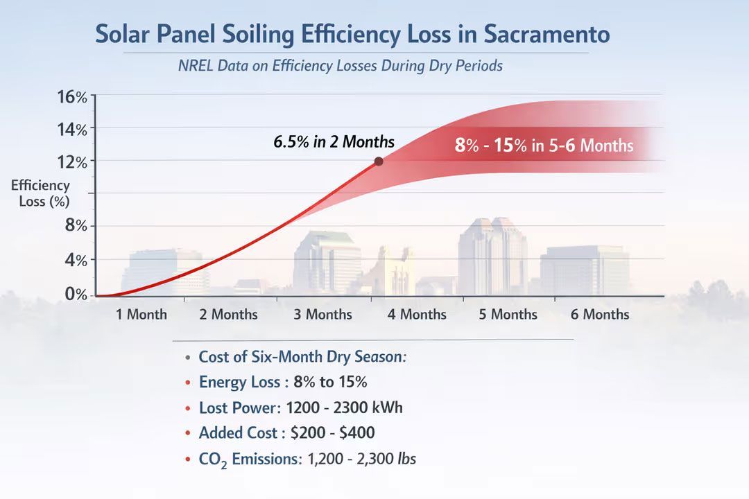 Chart showing solar panel soiling efficiency loss in Sacramento, with red line and shaded curve over 6 months