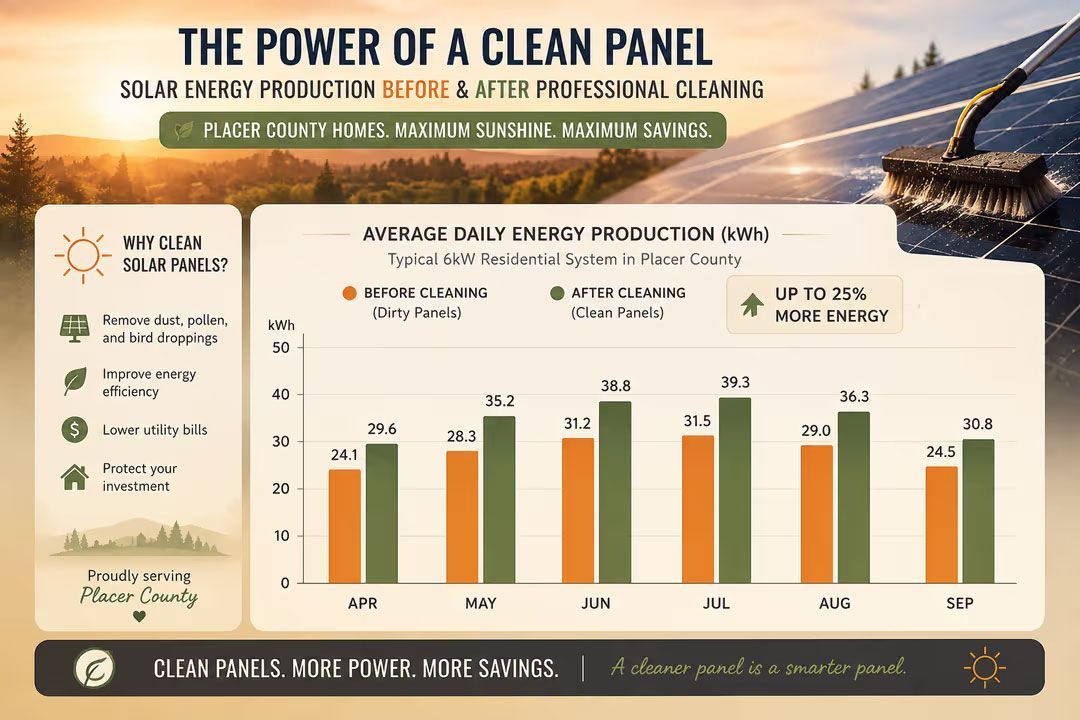 Infographic on clean energy panels with bar chart, icons, and a mountain sunset background