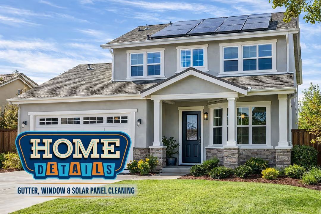 Home Details logo over a white suburban house with gray roof and green lawn
