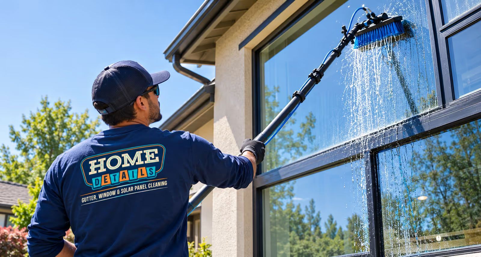 Worker pressure-washing house windows with a long pole on a sunny day