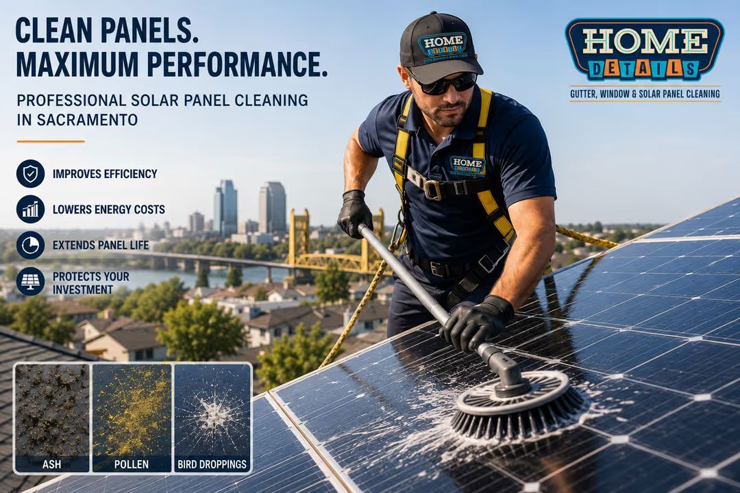 Window cleaner using a rotary brush on solar panels with city skyline in the background