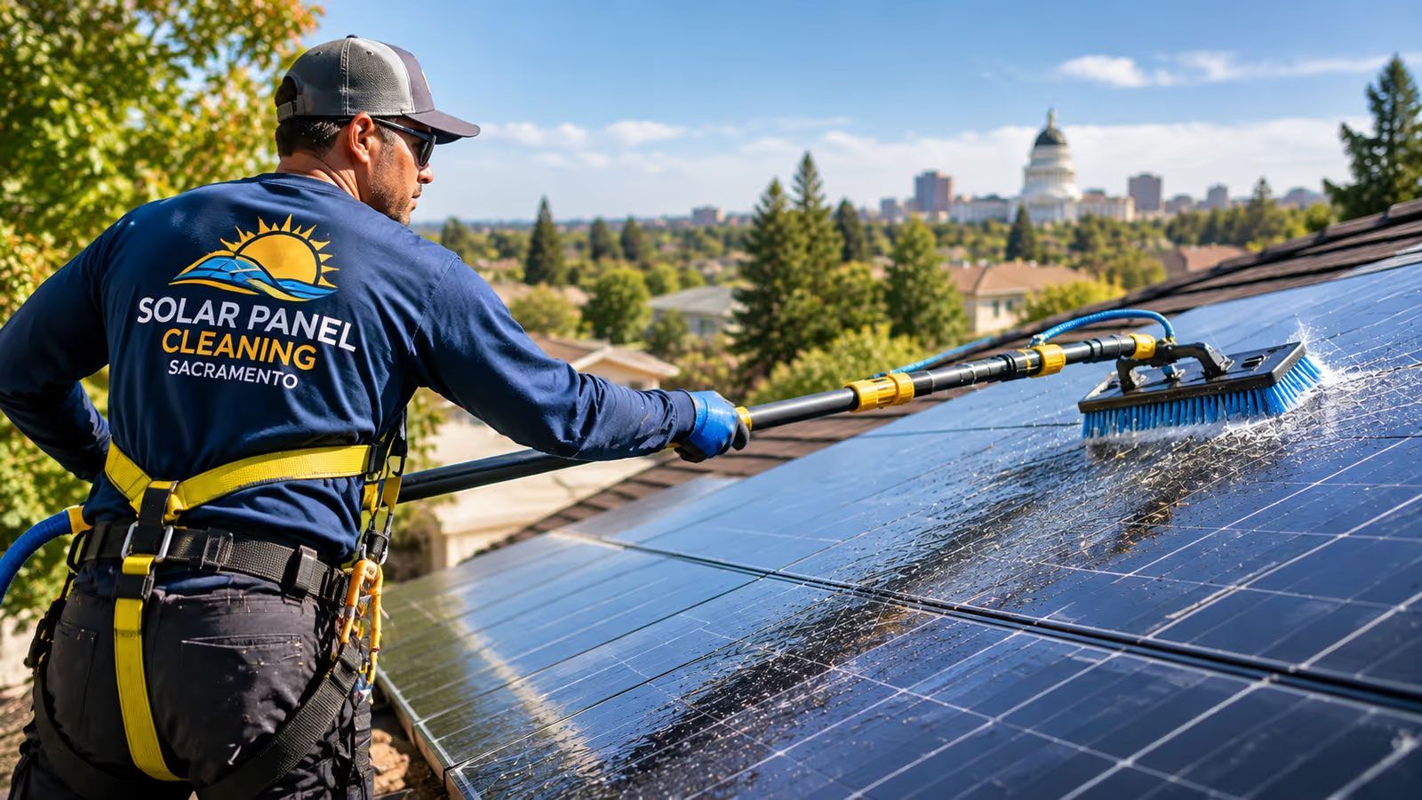Worker cleaning rooftop solar panels with a hose on a sunny day, wearing safety harness.