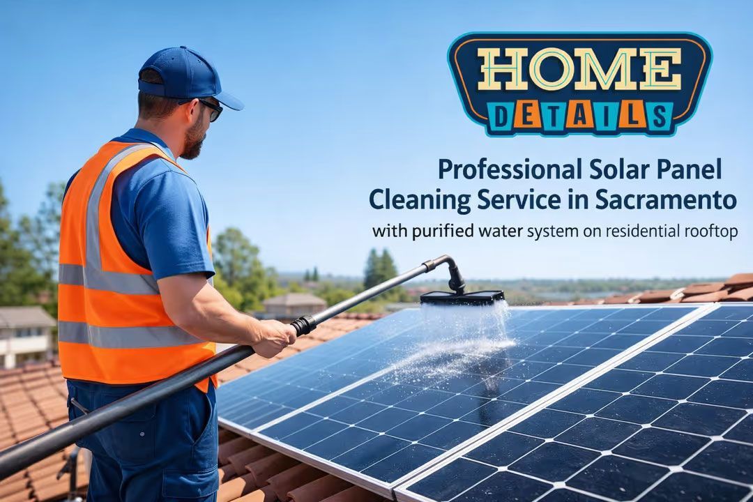Solar panel cleaner using a hose on rooftop panels beside 