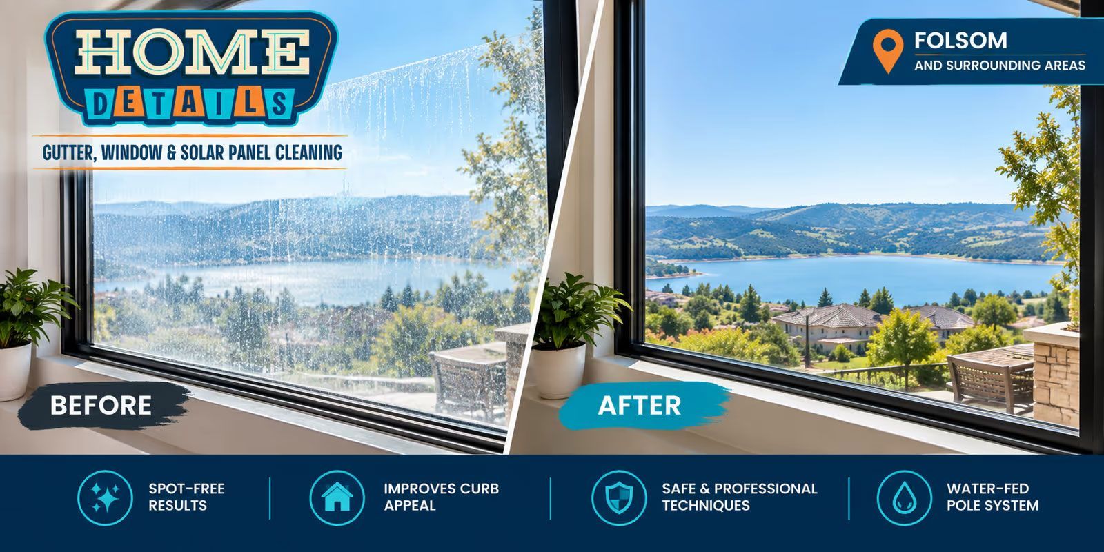 Before-and-after patio view of a home with clearer sky and mountains, Home Details branding and stats overlay