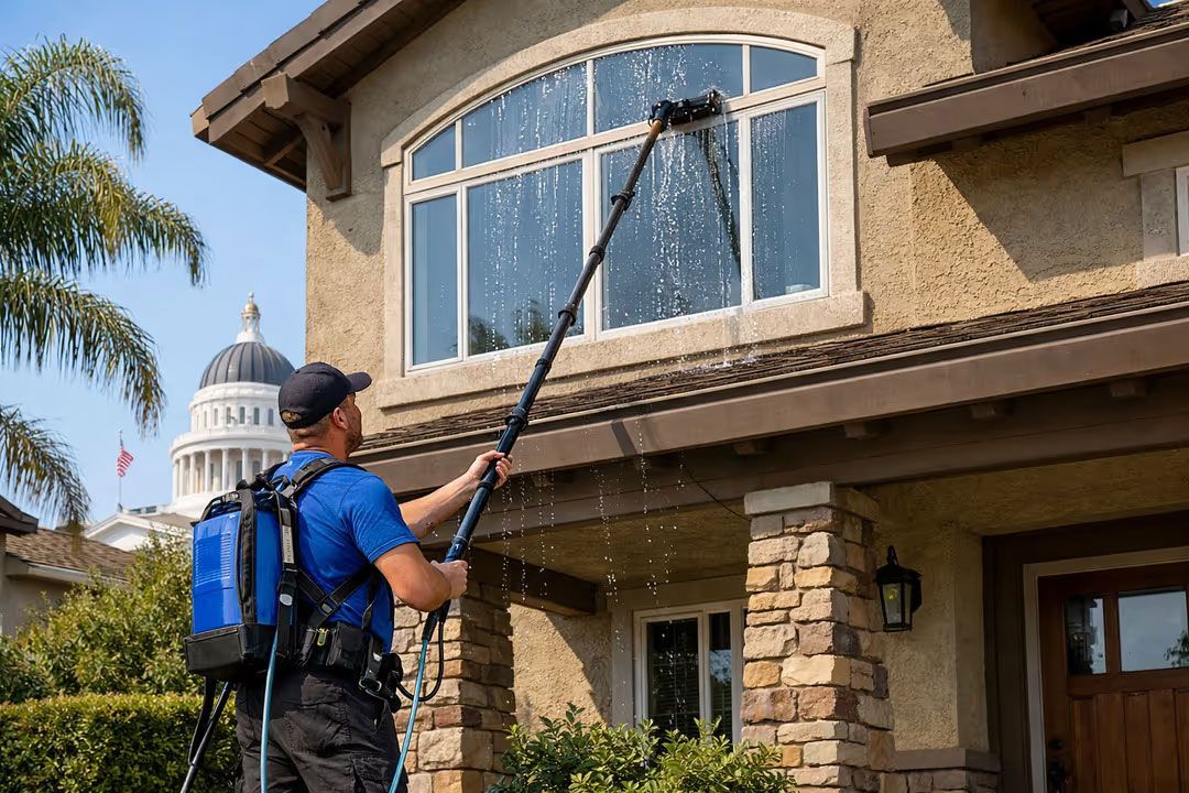Worker pressure-washing a two-story suburban house exterior with a long spray wand