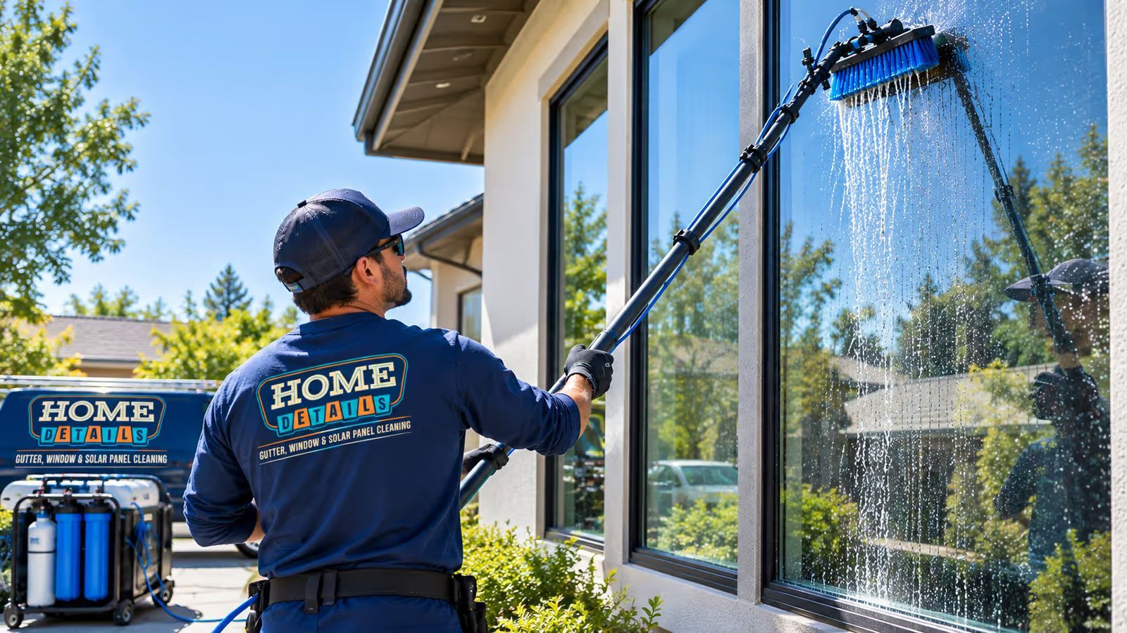 Window cleaner spraying water on a house exterior with a long brush attachment