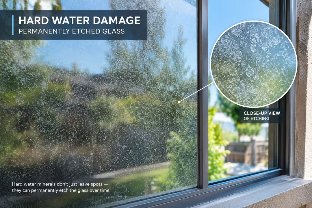 Hard water damage on a glass window, with cloudy spots and mineral buildup near the frame