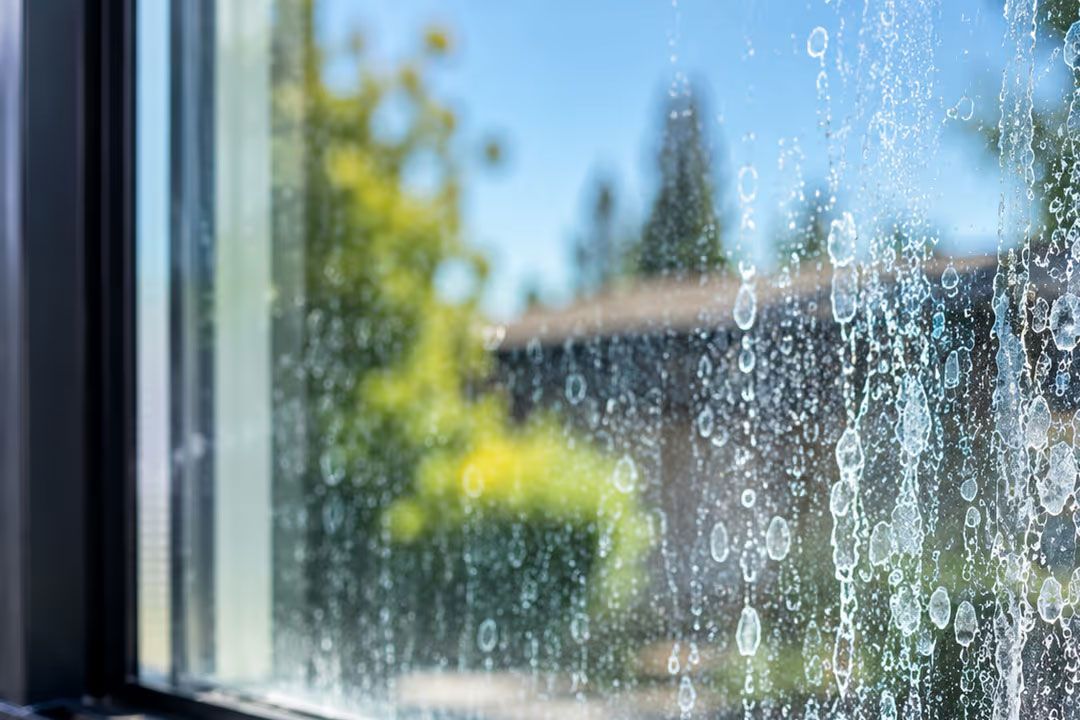 Rain-speckled window with a blurred house and trees outside on a sunny day