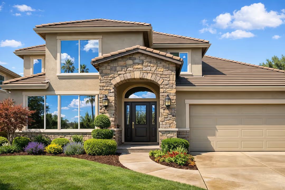 Two-story beige house with stone entry, large windows, and a double garage under a blue sky