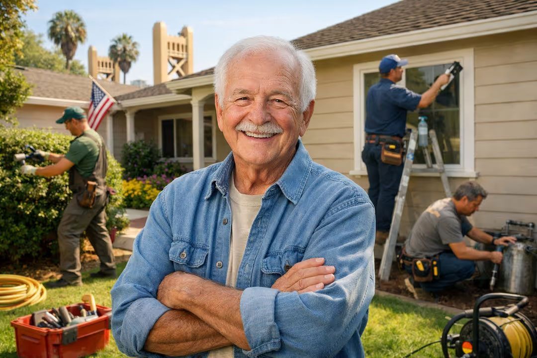 Smiling man in blue shirt stands in a yard while workers paint and repair a house behind him