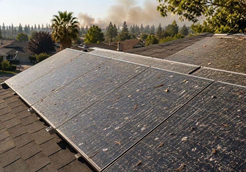 Rooftop solar panels coated with ash or dust under a smoky sky