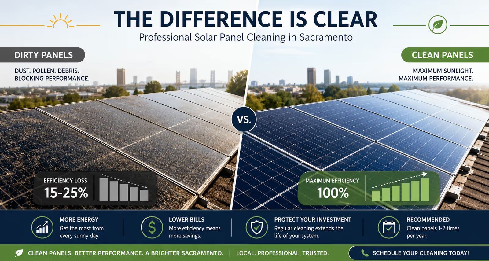 Split-screen rooftop solar panels: dirty panels 15–25% vs clean panels 100% under “The Difference Is Clear” banner
