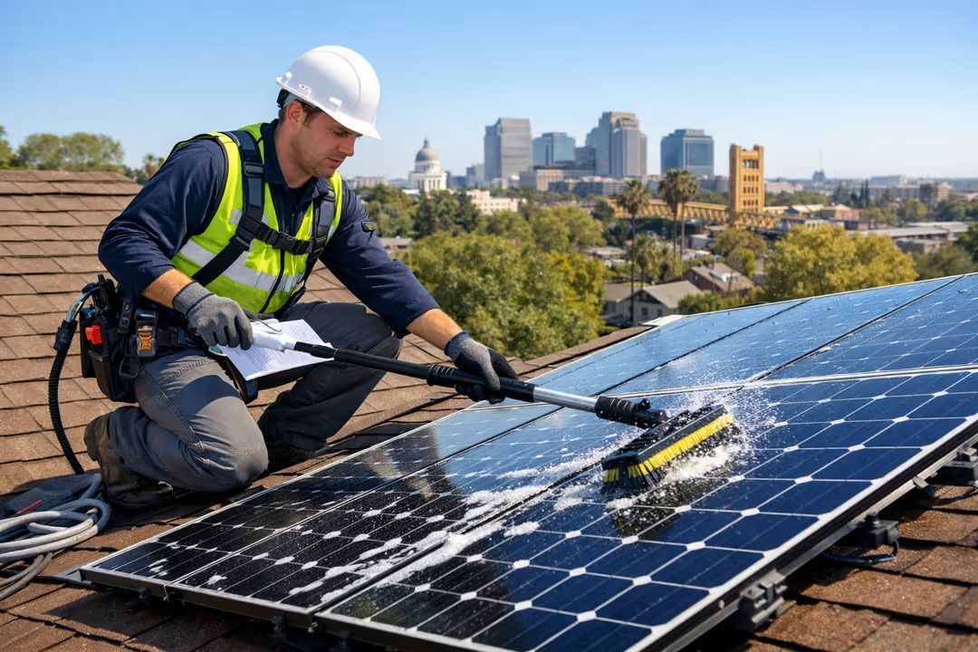 Worker cleaning solar panels on a rooftop with a city skyline in the background