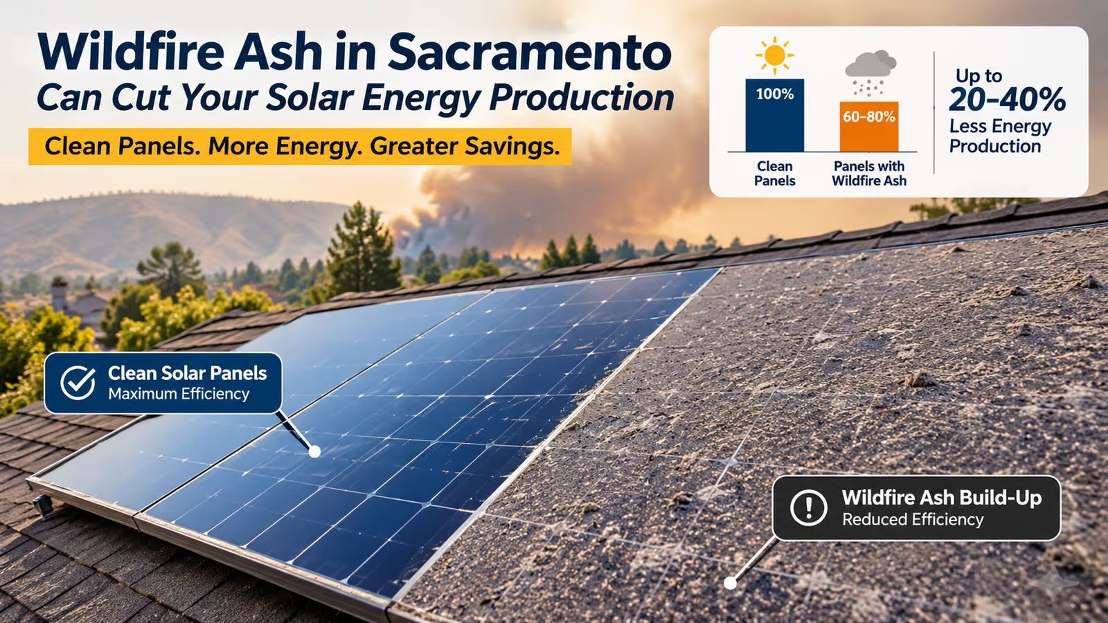 Sacramento solar panels with wildfire ash, showing ash cleanup boosts energy production by 20-40%