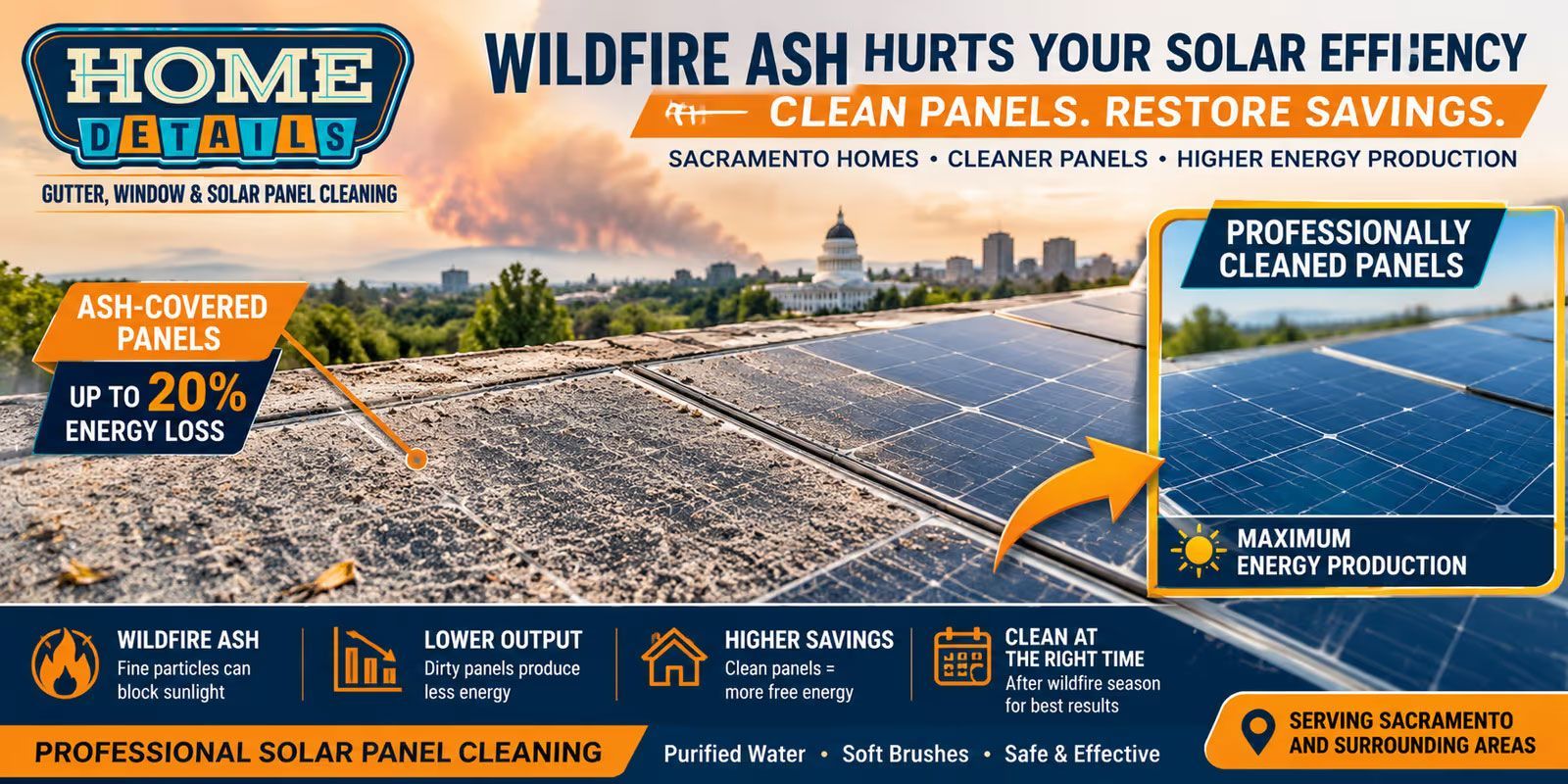 Home logo ad for professional solar panel cleaning after wildfire ash, showing dirty and cleaned panels.