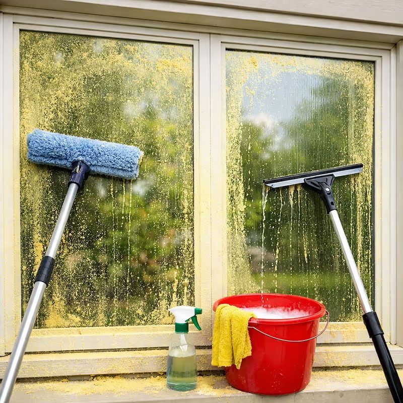 Cleaning tools beside wet window panes: blue mop, squeegee, red bucket, and spray bottle.