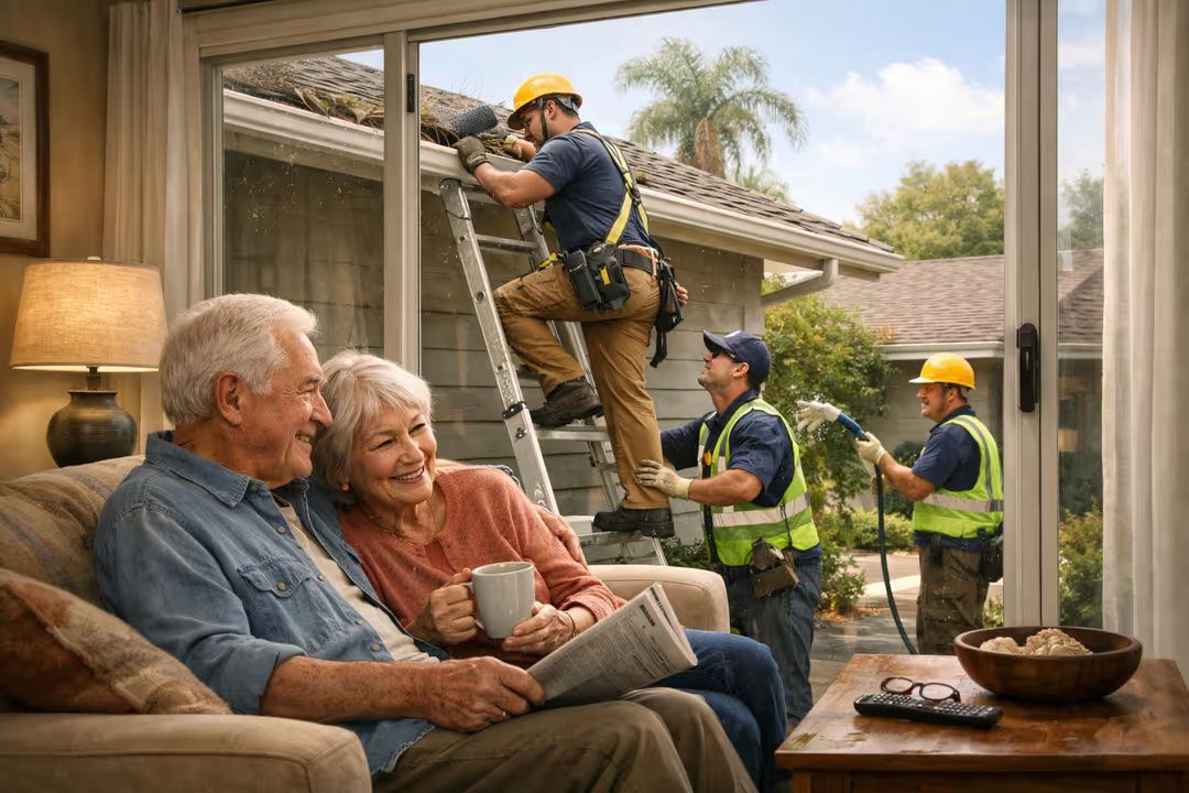 Workers install a large window while an older couple relaxes on a sofa in a bright living room.