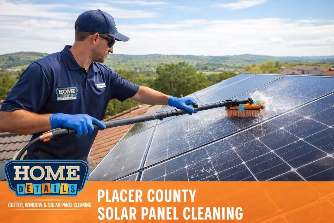 Worker cleaning solar panels on a roof with a brush; “Placer County Solar Panel Cleaning” text overlay.