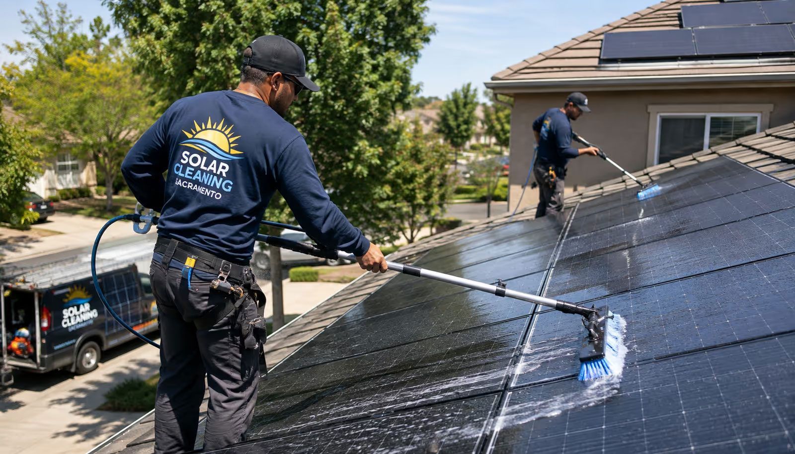 Worker pressure-washing a solar panel roof on a house, with another worker in the background