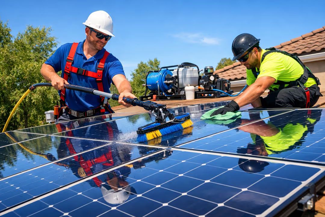Two workers cleaning solar panels with hoses on a sunny rooftop