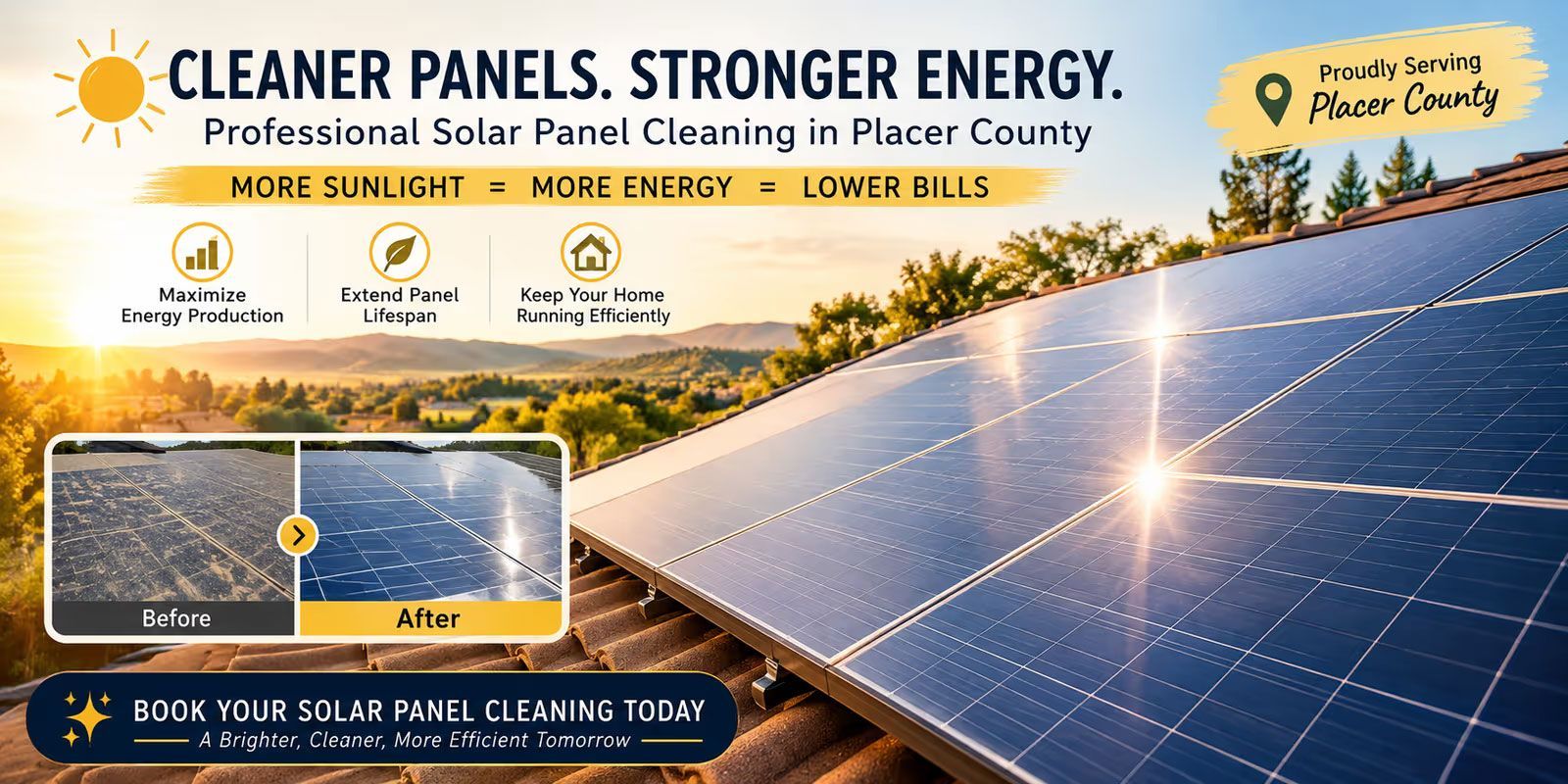 Solar panel cleaning ad with bright panels, mountain sunset, and company branding for cleaner panels, stronger energy.