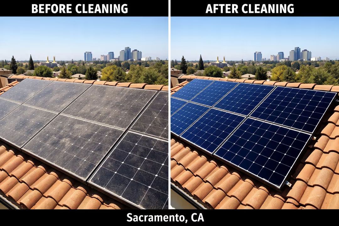 Before and after cleaning of rooftop solar panels in Sacramento, CA, showing dirty gray panels beside clean blue ones