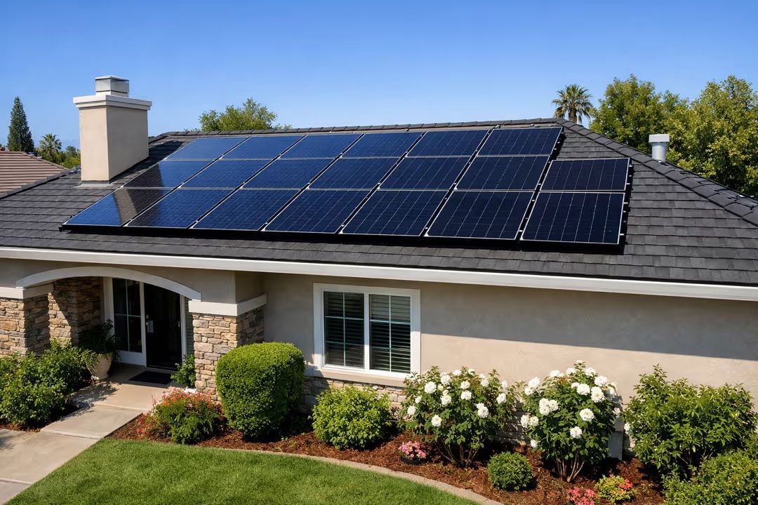 House roof with solar panels and a chimney, surrounded by a landscaped front yard