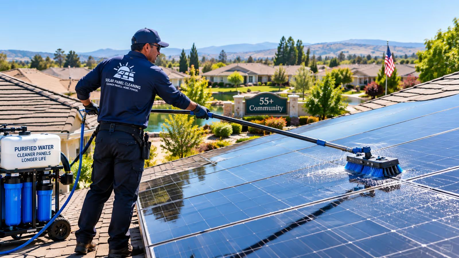 Worker cleaning solar panels on a rooftop with a hose in a sunny suburban neighborhood