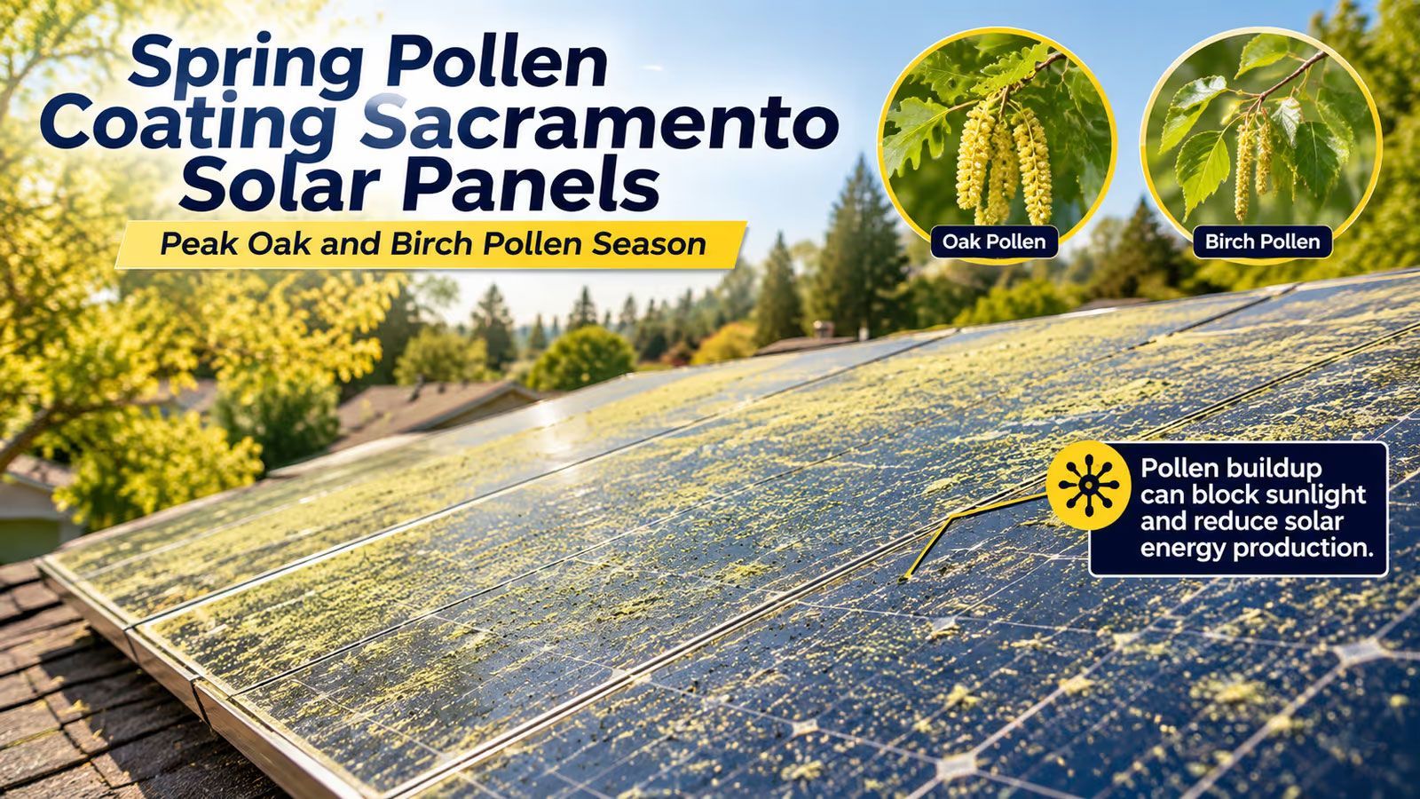 Spring pollen coats Sacramento solar panels, with oak and birch pollen season labels.
