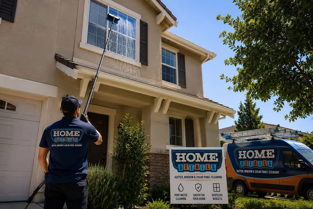 Worker pressure washing a tan two-story house beside a HOMES exterior services sign and truck.