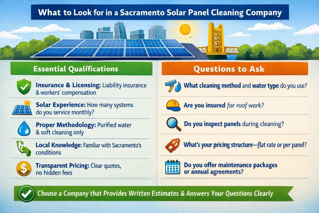 Infographic on choosing a Sacramento solar panel cleaning company, with qualifications and questions to ask.