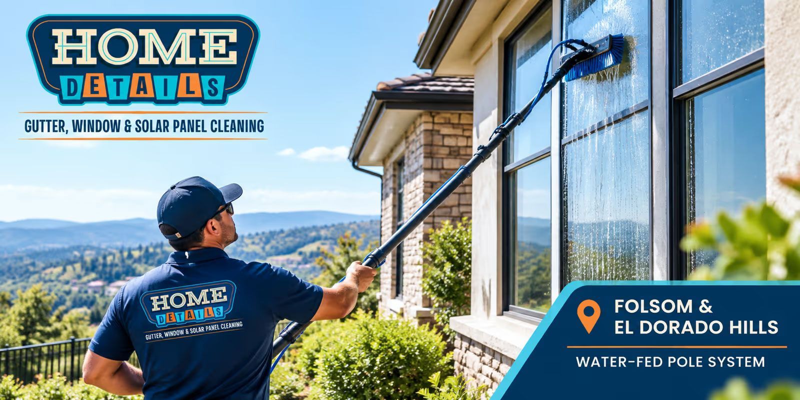 Window cleaner spraying a home’s exterior windows with mountains in the background, Home Details logo and El Dorado Hills tag