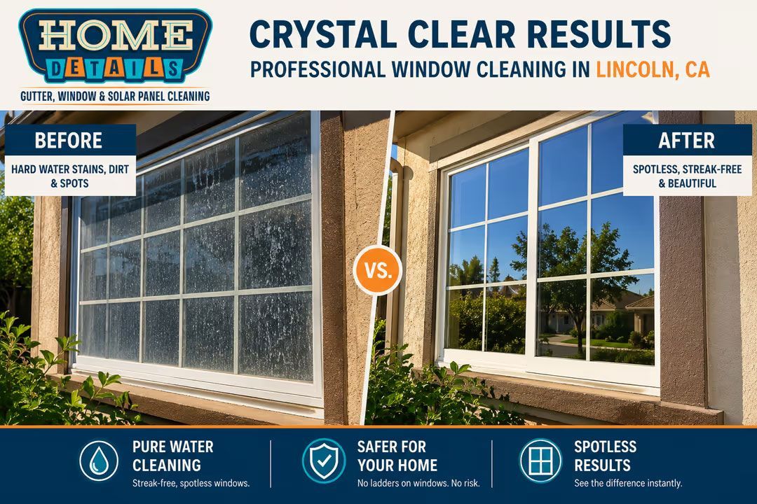 Before-and-after window cleaning ad showing cloudy panes beside crystal-clear windows and blue sky reflections