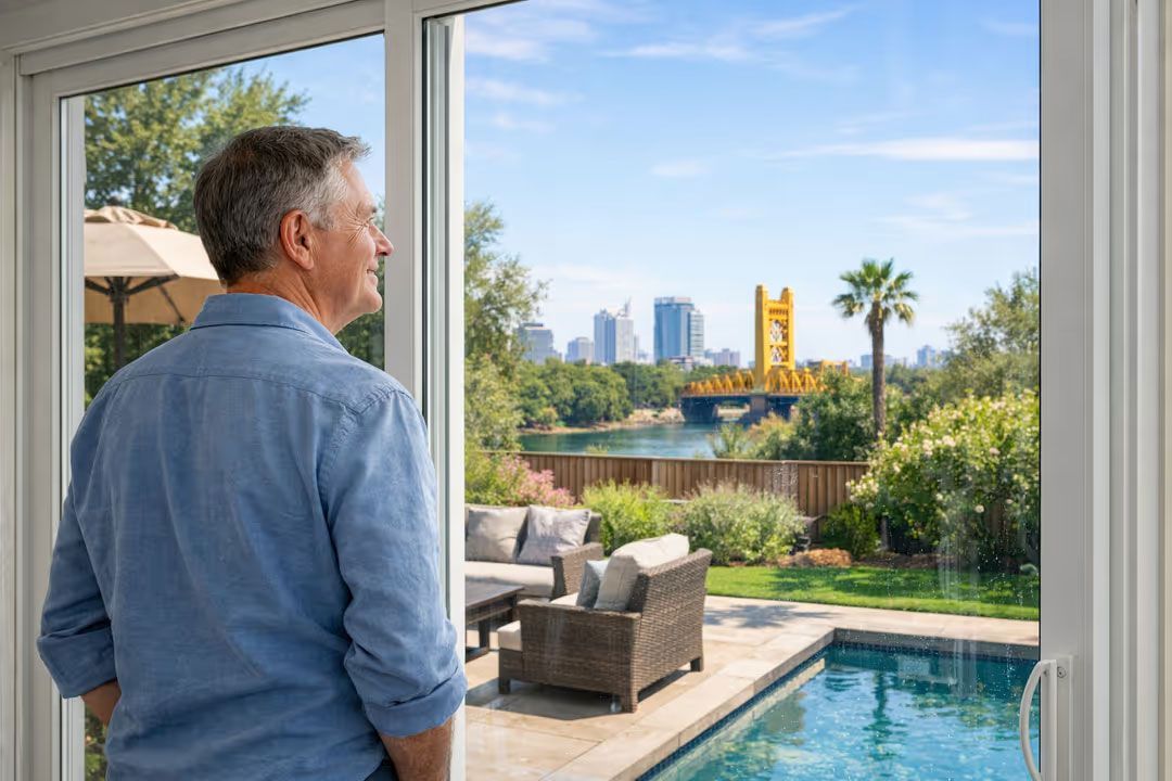 Man in denim shirt looking out at a patio, pool, and city skyline through large glass doors